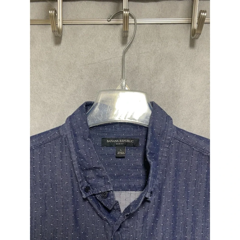 Banana Republic Shirt Men's L Blue Chambray Denim Geometric‎ AOP Slim Button Up